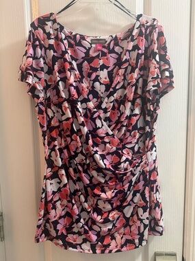 Vince Camuto Navy Floral Draped V-Neck Blouse with Pink & White Flowers